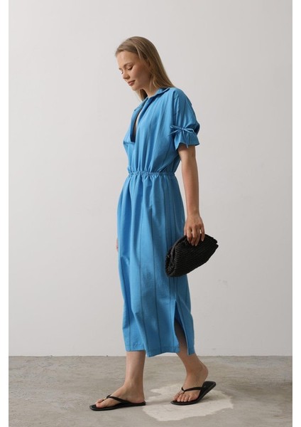 Beli Lastikli Elbise - Mavi modelleri