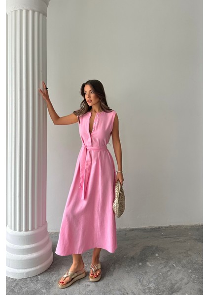 Keten Elbise Kolsuz Bel Bağlamalı Maxi Elbise - Pembe