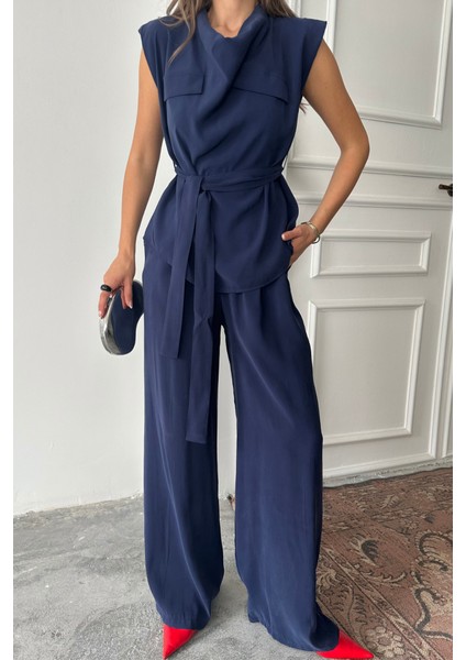 Tencel Modal Kolsuz Bluz Kapalı Cep Detaylı Dökümlü - Pantolon Takım - Lacivert