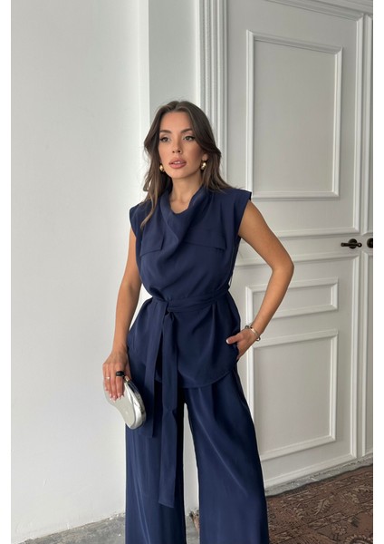 Tencel Modal Kolsuz Bluz Kapalı Cep Detaylı Dökümlü - Pantolon Takım - Lacivert