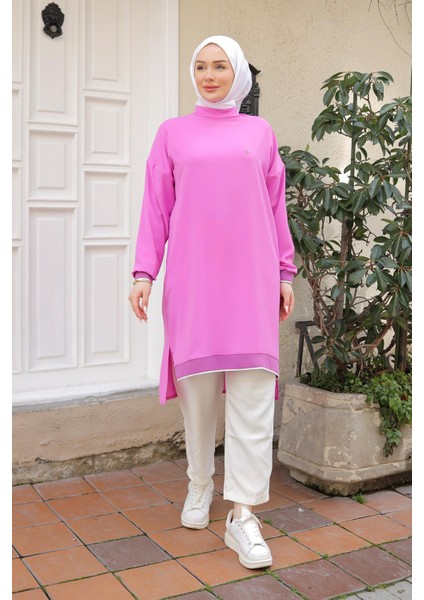 Kolları Ribanalı Arkadan Uzatmalı Basic Tunik-Pembe 25YT449