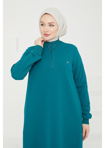 Kolları Ribanalı Yarım Fermuarlı Tunik-Petrol 24KT436