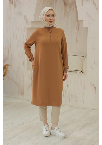 Kolları Ribanalı Yarım Fermuarlı Tunik Camel 24KT436