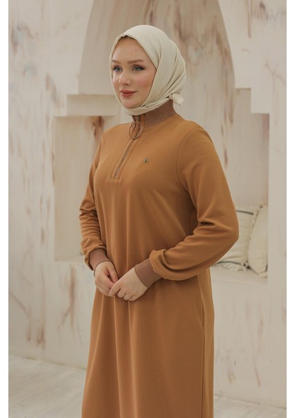 Kolları Ribanalı Yarım Fermuarlı Tunik Camel 24KT436