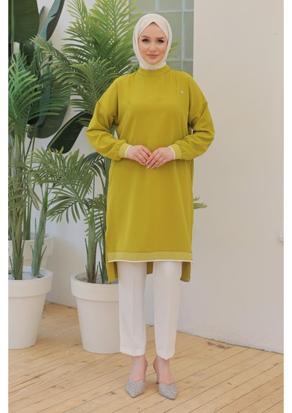 Kolları Ribanalı Arkadan Uzatmalı Basic Tunik-Fıstık Yeşil 25YT449