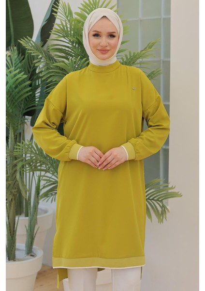 Kolları Ribanalı Arkadan Uzatmalı Basic Tunik-Fıstık Yeşil 25YT449