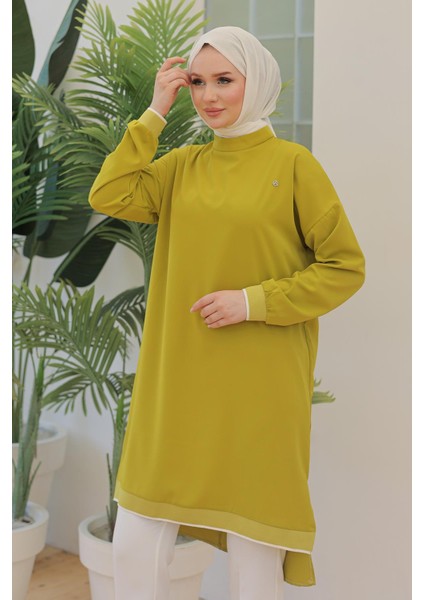 Kolları Ribanalı Arkadan Uzatmalı Basic Tunik-Fıstık Yeşil 25YT449