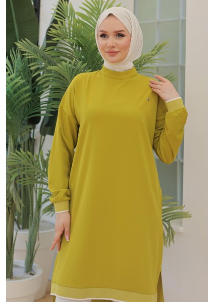 Kolları Ribanalı Arkadan Uzatmalı Basic Tunik-Fıstık Yeşil 25YT449