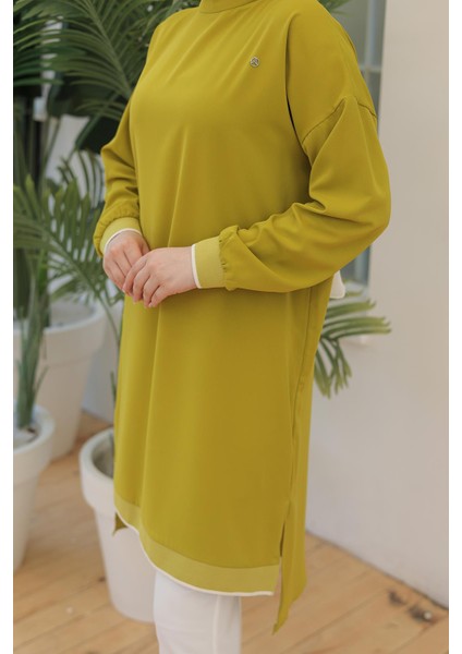 Kolları Ribanalı Arkadan Uzatmalı Basic Tunik-Fıstık Yeşil 25YT449