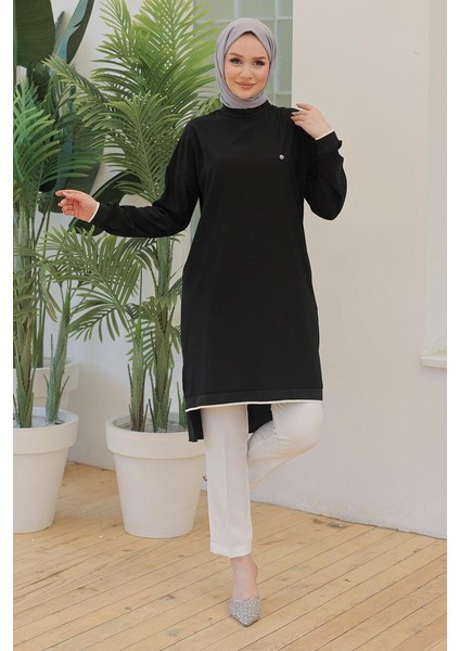 Kolları Ribanalı Arkadan Uzatmalı Basic Tunik-Siyah 25YT449 fiyatları
