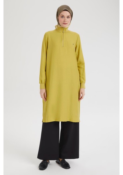 Yarım Fermuarlı Kolları ve Yakası Ribanalı TUNIK-OLIVE-25YT433