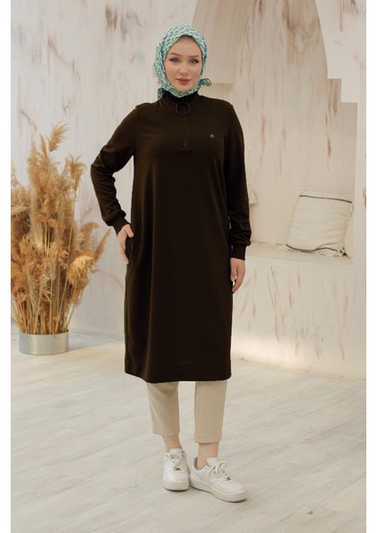 Kolları Ribanalı Yarım Fermuarlı Tunik-Kahverengi 24KT436