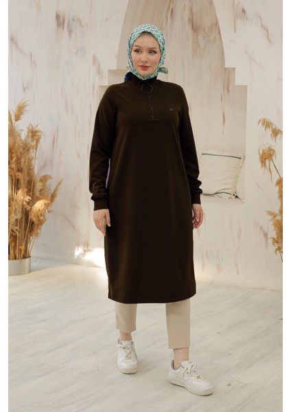 Kolları Ribanalı Yarım Fermuarlı Tunik-Kahverengi 24KT436