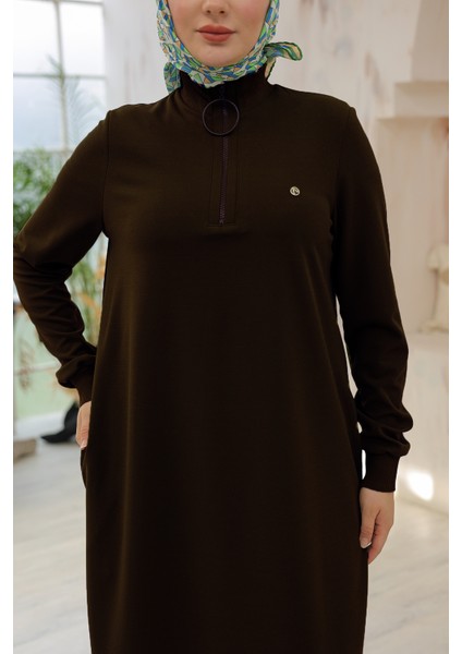 Kolları Ribanalı Yarım Fermuarlı Tunik-Kahverengi 24KT436