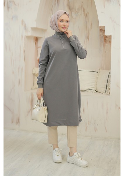 Kolları Ribanalı Yarım Fermuarlı Tunik Gri 24KT436