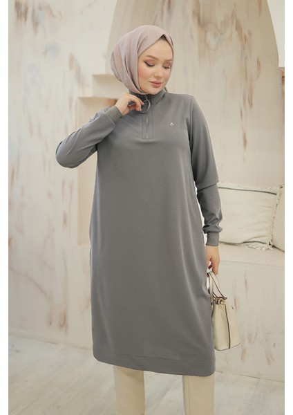 Kolları Ribanalı Yarım Fermuarlı Tunik Gri 24KT436