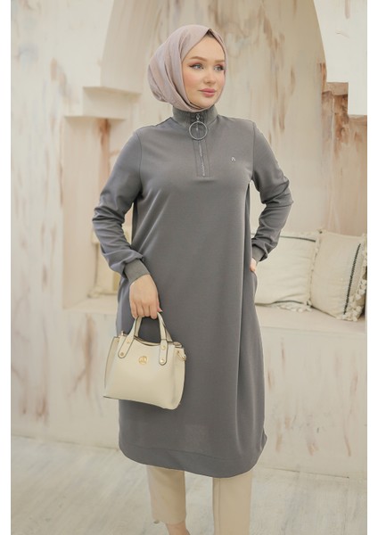 Kolları Ribanalı Yarım Fermuarlı Tunik Gri 24KT436
