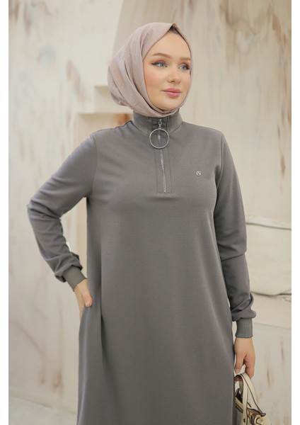 Kolları Ribanalı Yarım Fermuarlı Tunik Gri 24KT436