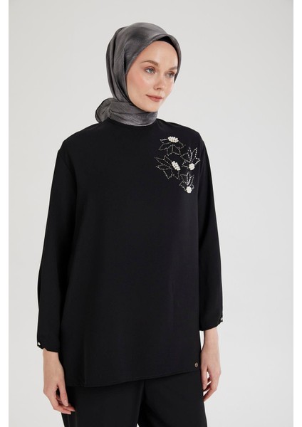 Kolları Düğmeli Taş Desenli Tunik-Siyah 25YT443 modelleri