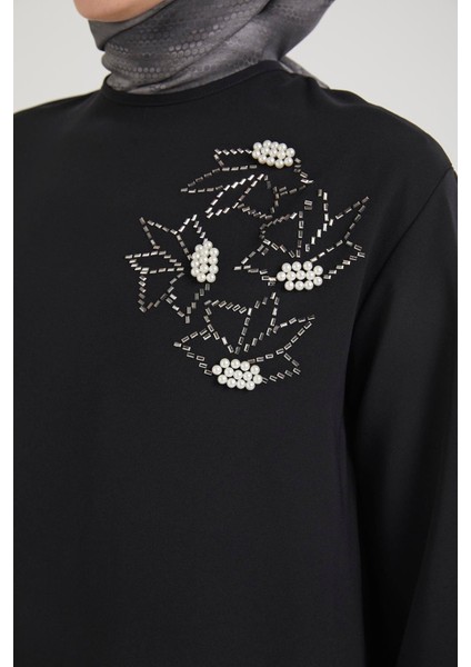 Kolları Düğmeli Taş Desenli Tunik-Siyah 25YT443 indirimleri