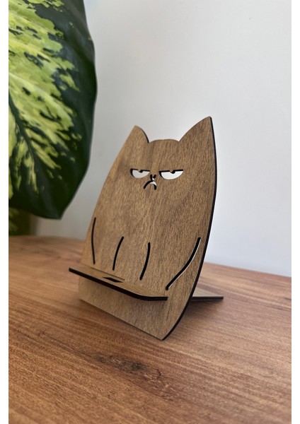 Ahşap Somurtan Kedi Telefon ve Tablet Tutucu - Masa Üstü Sabitleyici Stand Telefon Tutacağı