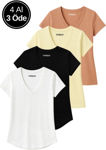 Kadın 4'lü Paket Siyah-Beyaz-Sarı-Kahverengi %100 Organik Pamuk Tişört V Yaka T-Shirt