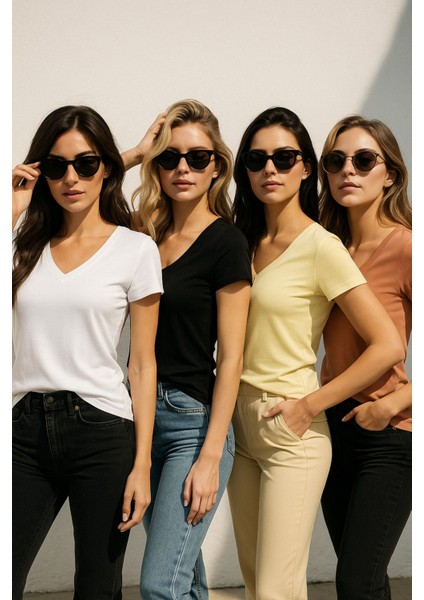 Kadın 4'lü Paket Siyah-Beyaz-Sarı-Kahverengi %100 Organik Pamuk Tişört V Yaka T-Shirt fiyatları