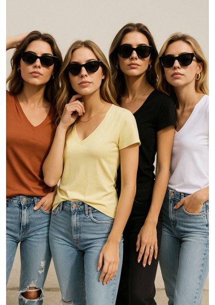 Kadın 4'lü Paket Siyah-Beyaz-Sarı-Kahverengi %100 Organik Pamuk Tişört V Yaka T-Shirt modelleri