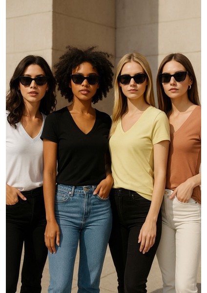 Kadın 4'lü Paket Siyah-Beyaz-Sarı-Kahverengi %100 Organik Pamuk Tişört V Yaka T-Shirt fırsatları