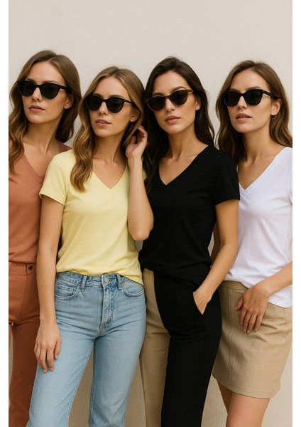 Kadın 4'lü Paket Siyah-Beyaz-Sarı-Kahverengi %100 Organik Pamuk Tişört V Yaka T-Shirt indirimleri