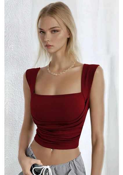 Kare Yaka Büzgü Detaylı Esnek Crop Bluz fiyatları