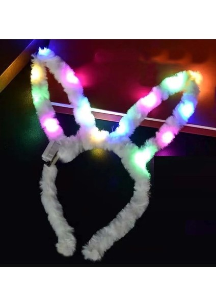 LED Işıklı Peluş Pofuduk Tavşan Kulak Tavşan Taç Beyaz 17X23 cm