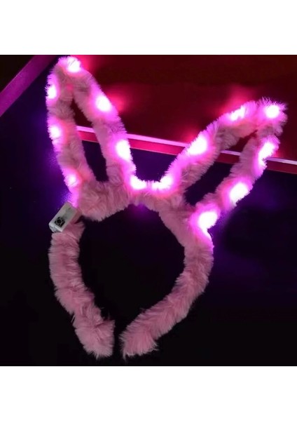 LED Işıklı Peluş Pofuduk Tavşan Kulak Tavşan Taç Pembe 17X23 cm
