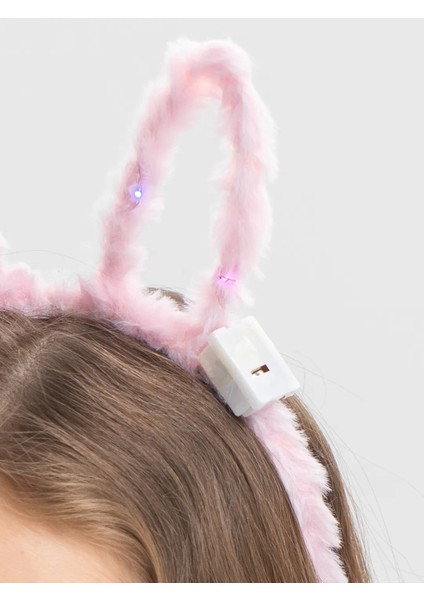LED Işıklı Peluş Pofuduk Tavşan Kulak Tavşan Taç Pembe 17X23 cm