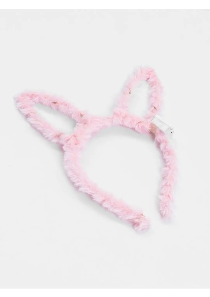 LED Işıklı Peluş Pofuduk Tavşan Kulak Tavşan Taç Pembe 17X23 cm