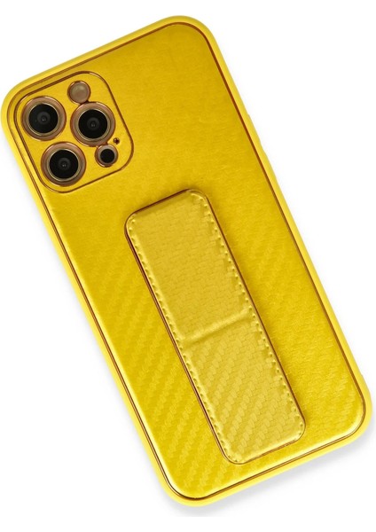 Iphone 12 Pro Kılıf Coco Karbon Standlı Kapak - Sarı Bstmy