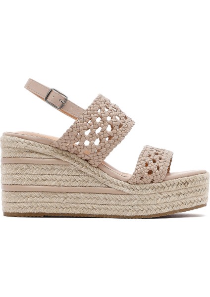 Kadın Krem Örgü Bilekten Tokalı Dolgu Topuklu Espadril Sandalet 25SFE451729