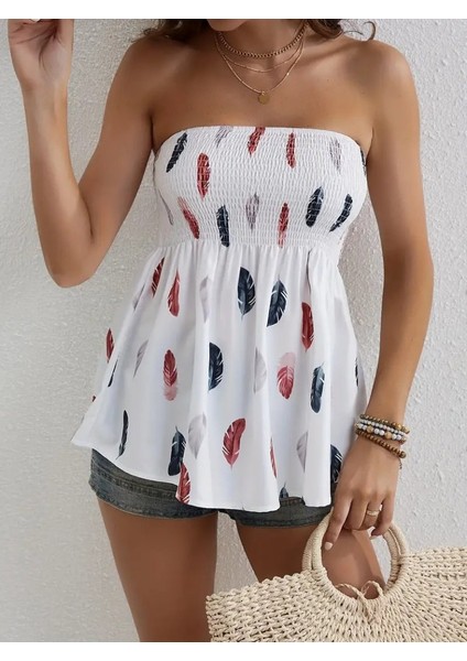 Kadın Yaprak Desenli Göğsü Gipeli Mosskrep Straplez Bluz