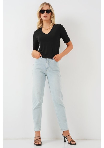 V Yaka Kısa Kol Basic Bluz 955 - Siyah fiyatları
