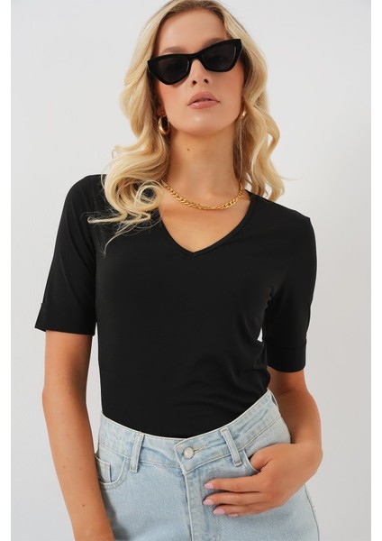 V Yaka Kısa Kol Basic Bluz 955 - Siyah fırsatları