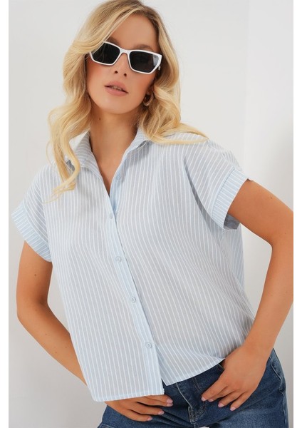 Çizgili Kısa Kol Gömlek 20324 - Açık Mavi fırsatları