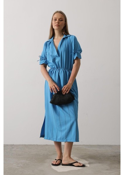 Beli Lastikli Elbise - Mavi fırsatları