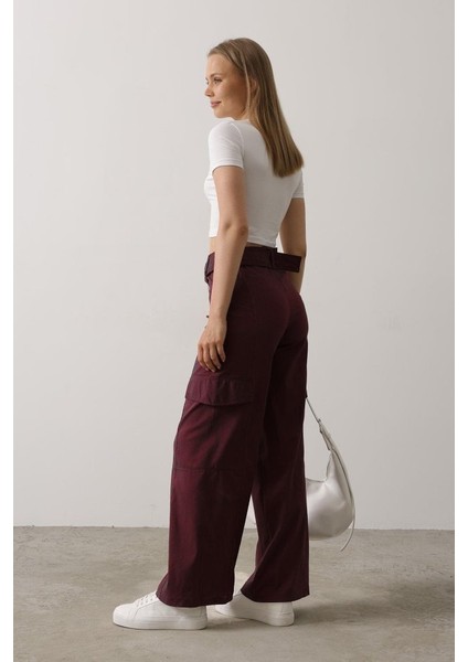 Kemerli Cargo Pantolon - Bordo