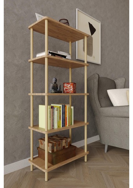 5 Katlı Çok Amaçlı Ahşap Raf Kitaplık – 30X60X135 cm – Açık Raflı Düzenleyici Sistem