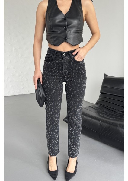 Leopar Taşlı ve Yüksek Belli Dikişsiz Paçalı Bilek Boy Mom Fit Kadın Kot Pantolon Düz Antrasit Jean fırsatları