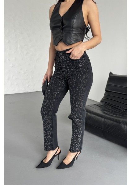 Leopar Taşlı ve Yüksek Belli Dikişsiz Paçalı Bilek Boy Mom Fit Kadın Kot Pantolon Düz Antrasit Jean indirimleri