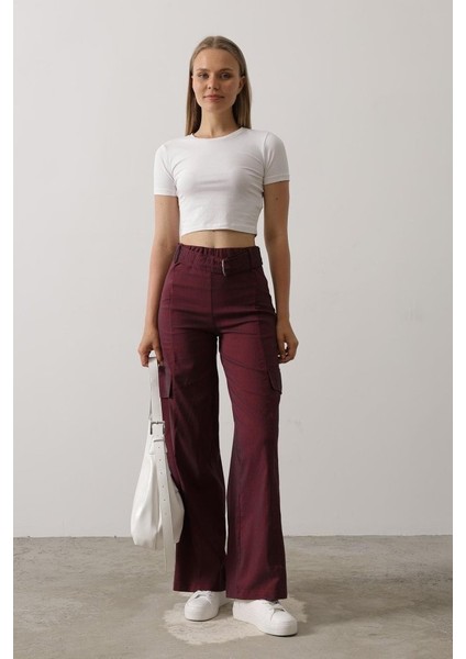 Kemerli Cargo Pantolon - Bordo