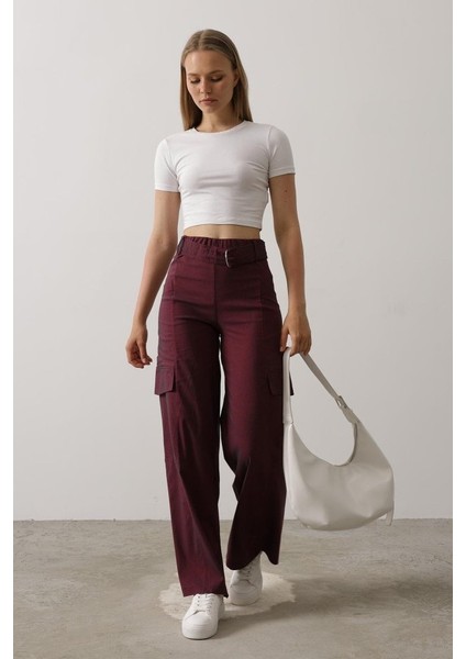 Kemerli Cargo Pantolon - Bordo