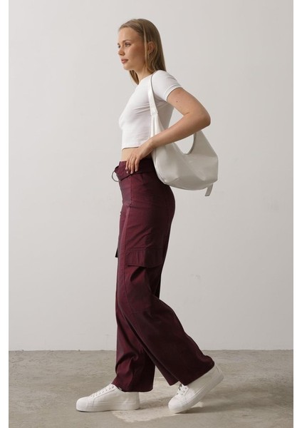 Kemerli Cargo Pantolon - Bordo
