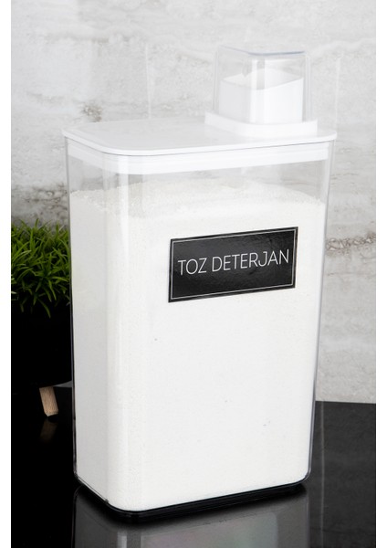 Toz Deterjan Etiketli Kendinden Ölçekli Kapaklı Deterjan Kutusu Saklama Kabı 3000ML Mika